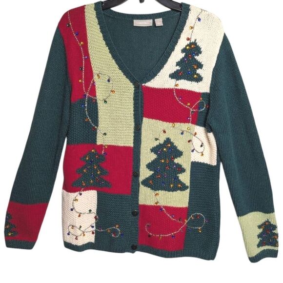 Vintage Nordstrom Green Red Patchwork Christmas Tree & Lights Beaded Cardigan L - Picture 1 of 6